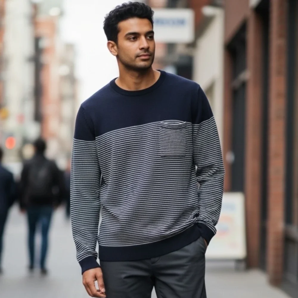 Banana Republic Extra Fine Merino Wool Striped Sweater Navy Blue Men XL #583